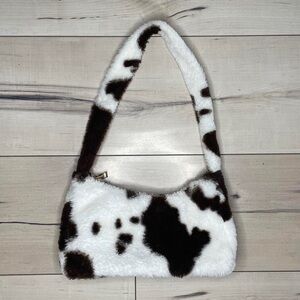 White and Brown Fluffy Cow Print Shoulder Bag